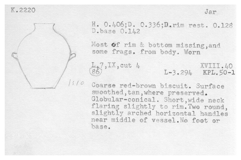 Index card with typed and handwritten information, sometimes including a sketch, of pottery from an excavation.