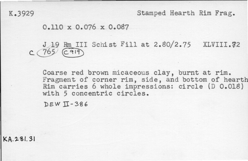 Index card with typed and handwritten information, sometimes including a sketch, of pottery from an excavation.