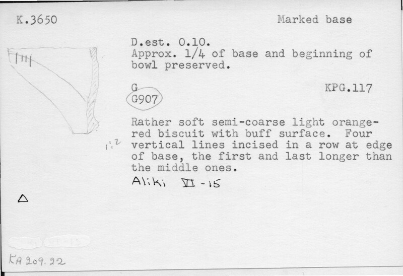 Index card with typed and handwritten information, sometimes including a sketch, of pottery from an excavation.
