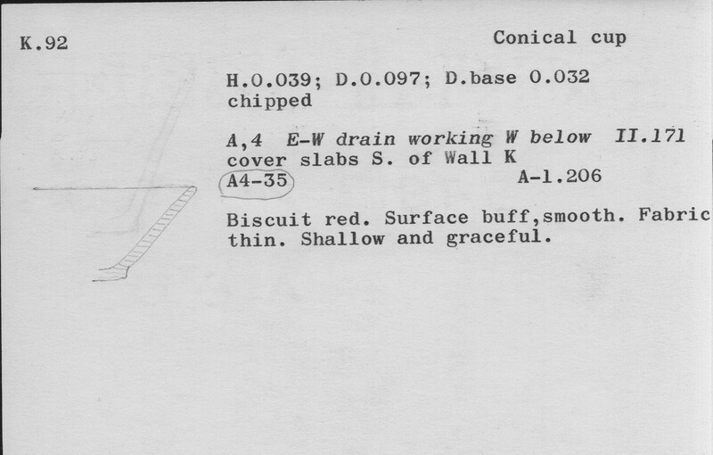 Index card with typed and handwritten information, sometimes including a sketch, of pottery from an excavation.