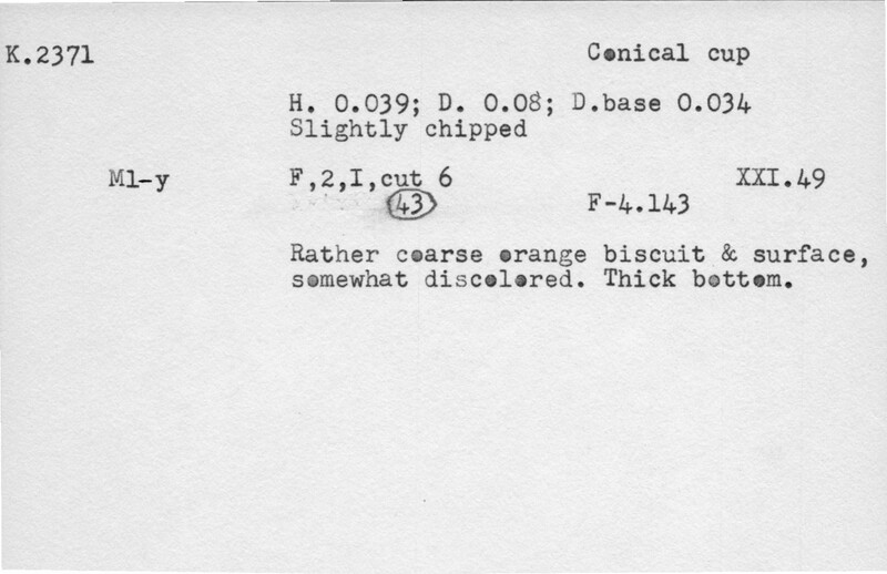 Index card with typed and handwritten information, sometimes including a sketch, of pottery from an excavation.