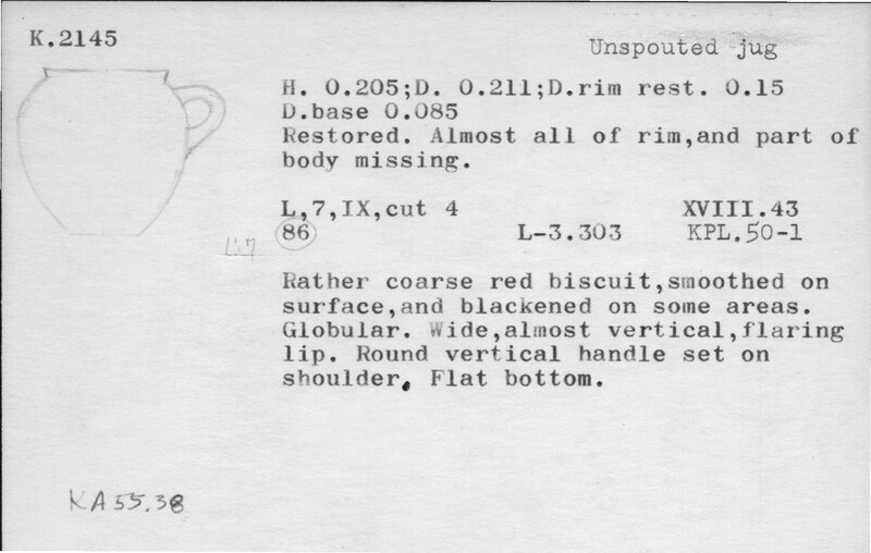 Index card with typed and handwritten information, sometimes including a sketch, of pottery from an excavation.