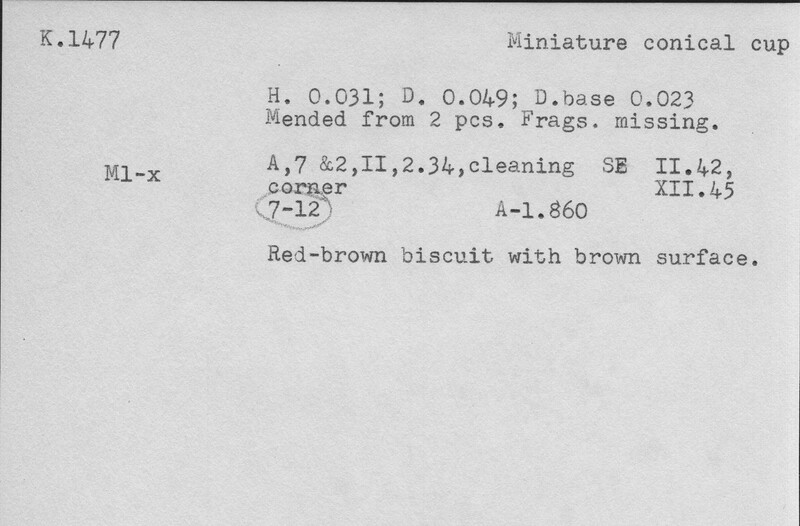 Index card with typed and handwritten information, sometimes including a sketch, of pottery from an excavation.