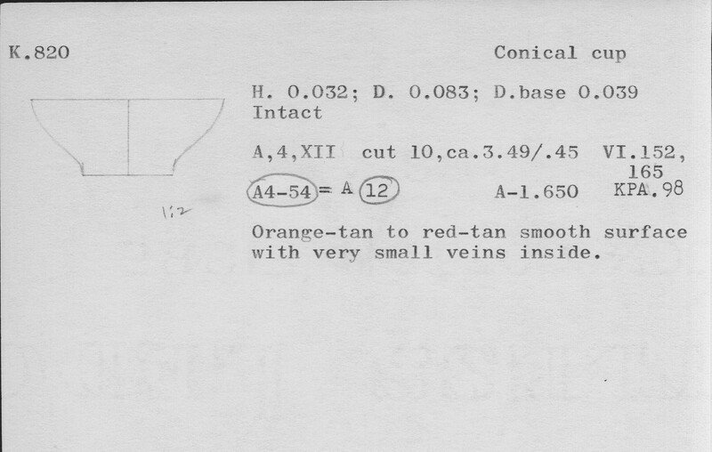 Index card with typed and handwritten information, sometimes including a sketch, of pottery from an excavation.