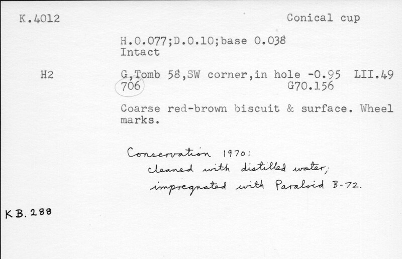 Index card with typed and handwritten information, sometimes including a sketch, of pottery from an excavation.