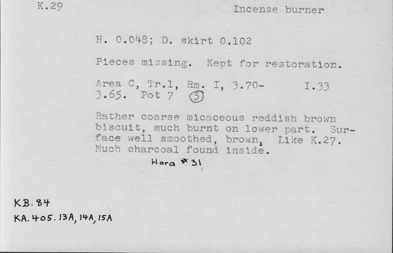 Index card with typed and handwritten information, sometimes including a sketch, of pottery from an excavation.