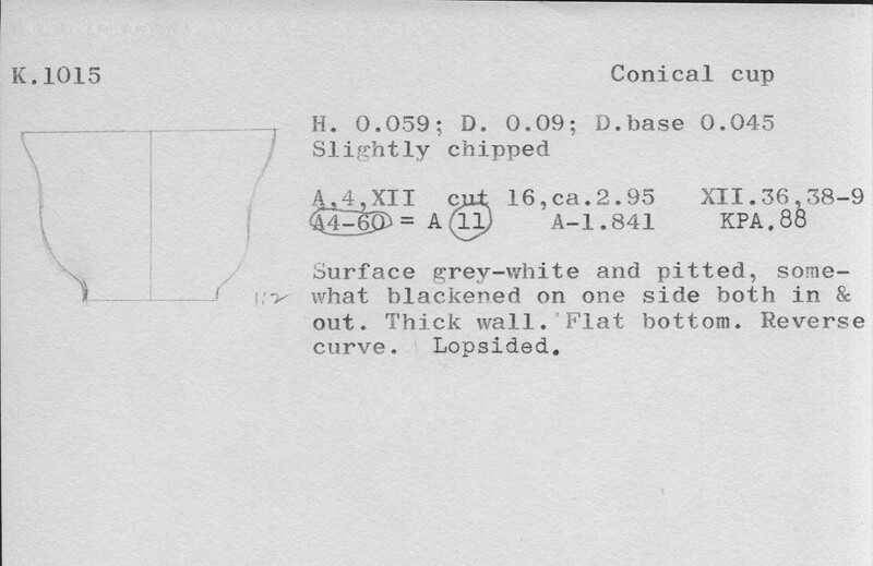 Index card with typed and handwritten information, sometimes including a sketch, of pottery from an excavation.