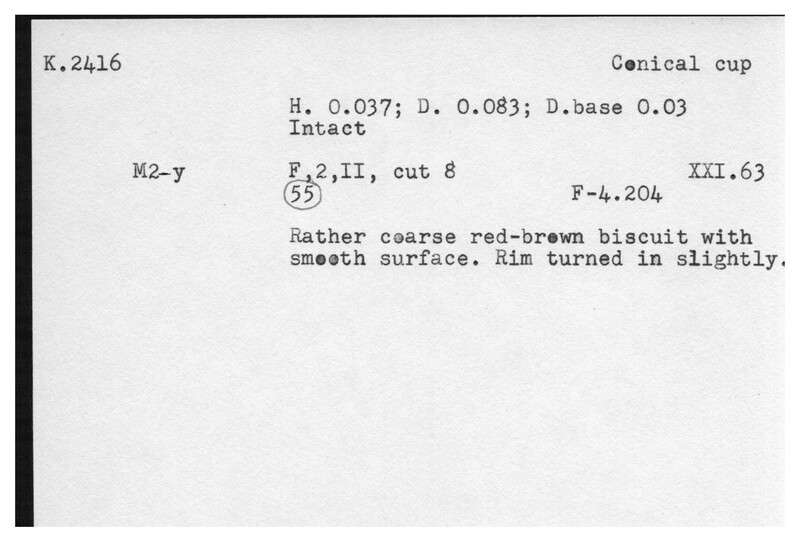 Index card with typed and handwritten information, sometimes including a sketch, of pottery from an excavation.