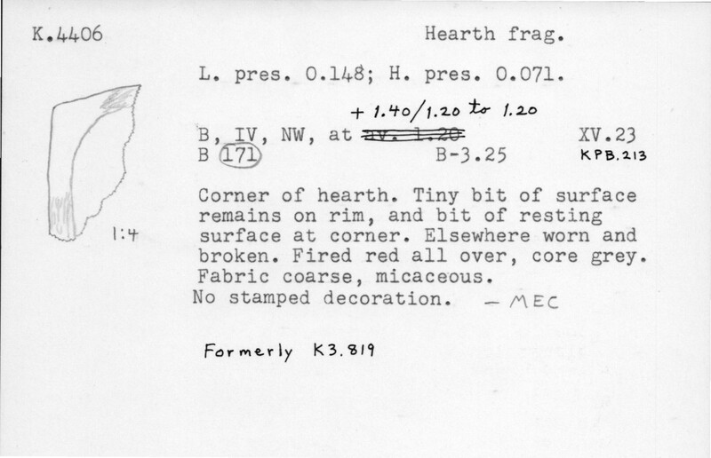 Index card with typed and handwritten information, sometimes including a sketch, of pottery from an excavation.