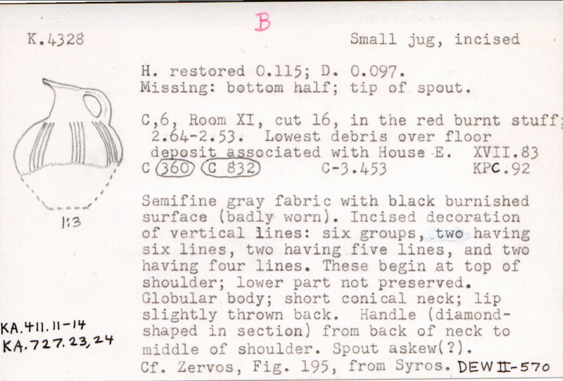 Index card with typed and handwritten information, sometimes including a sketch, of pottery from an excavation.