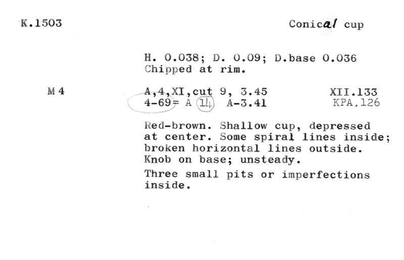Index card with typed and handwritten information, sometimes including a sketch, of pottery from an excavation.