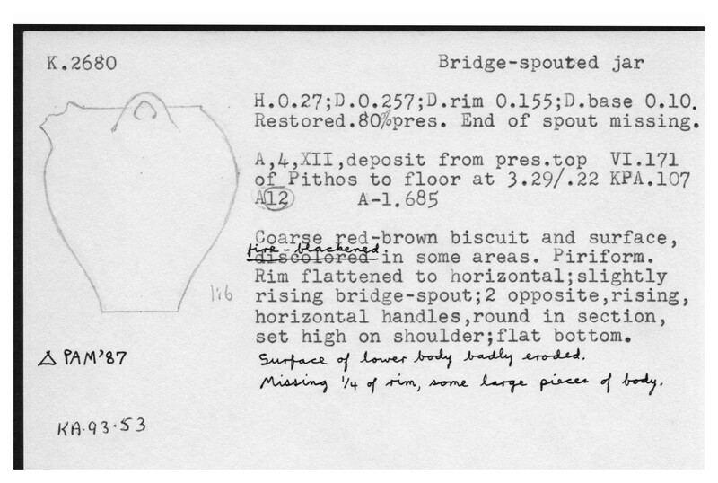Index card with typed and handwritten information, sometimes including a sketch, of pottery from an excavation.