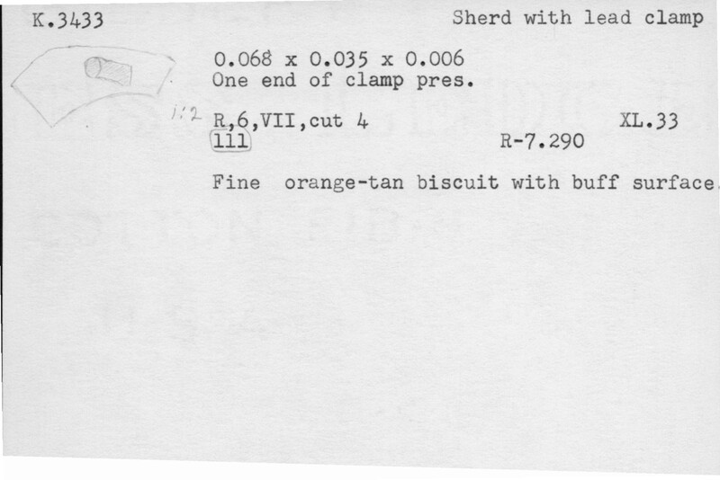 Index card with typed and handwritten information, sometimes including a sketch, of pottery from an excavation.