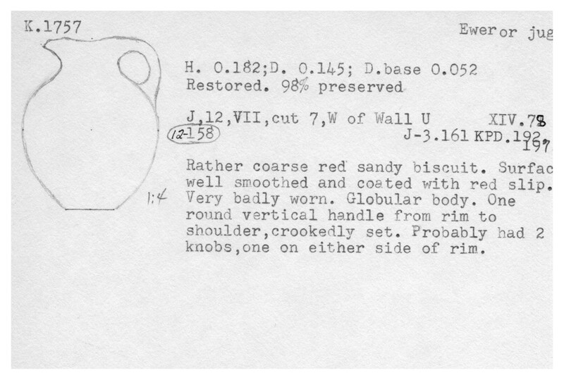Index card with typed and handwritten information, sometimes including a sketch, of pottery from an excavation.