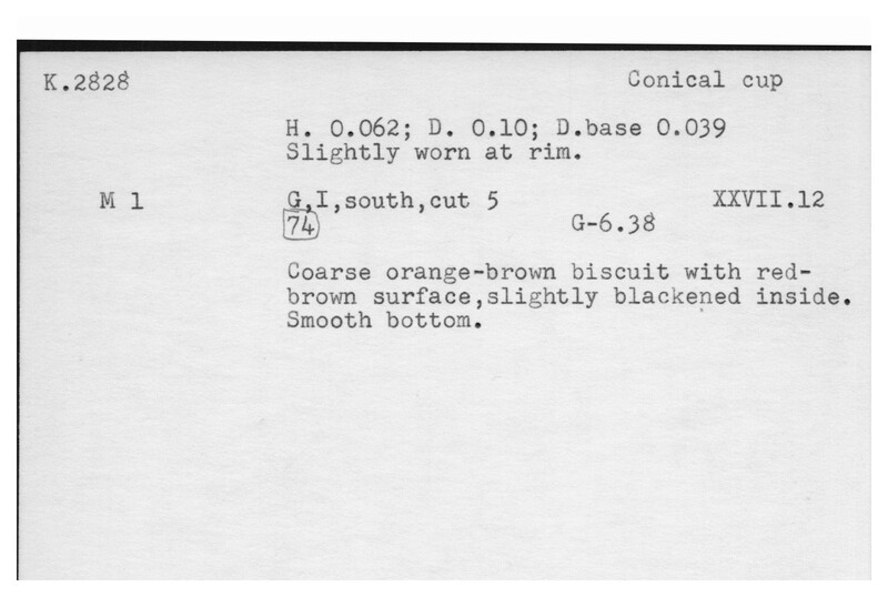 Index card with typed and handwritten information, sometimes including a sketch, of pottery from an excavation.