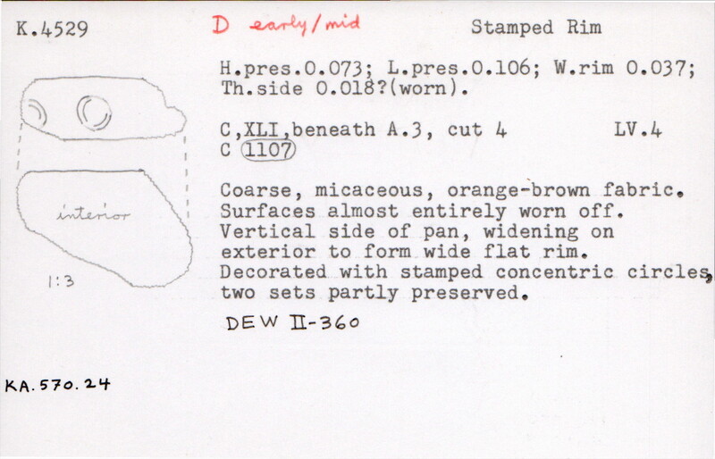 Index card with typed and handwritten information, sometimes including a sketch, of pottery from an excavation.