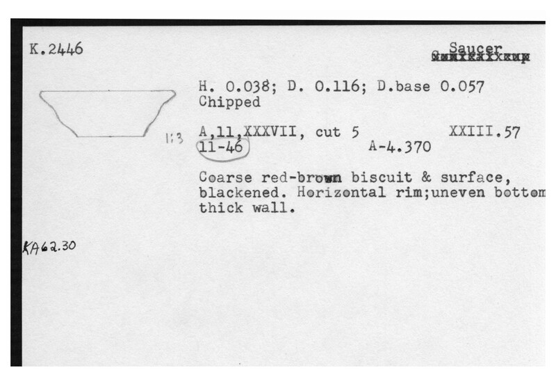 Index card with typed and handwritten information, sometimes including a sketch, of pottery from an excavation.