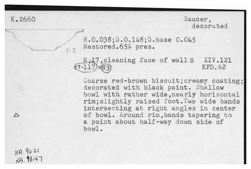 Index card with typed and handwritten information, sometimes including a sketch, of pottery from an excavation.