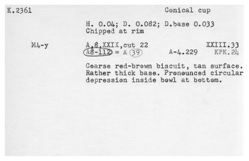 Index card with typed and handwritten information, sometimes including a sketch, of pottery from an excavation.