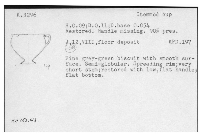 Index card with typed and handwritten information, sometimes including a sketch, of pottery from an excavation.