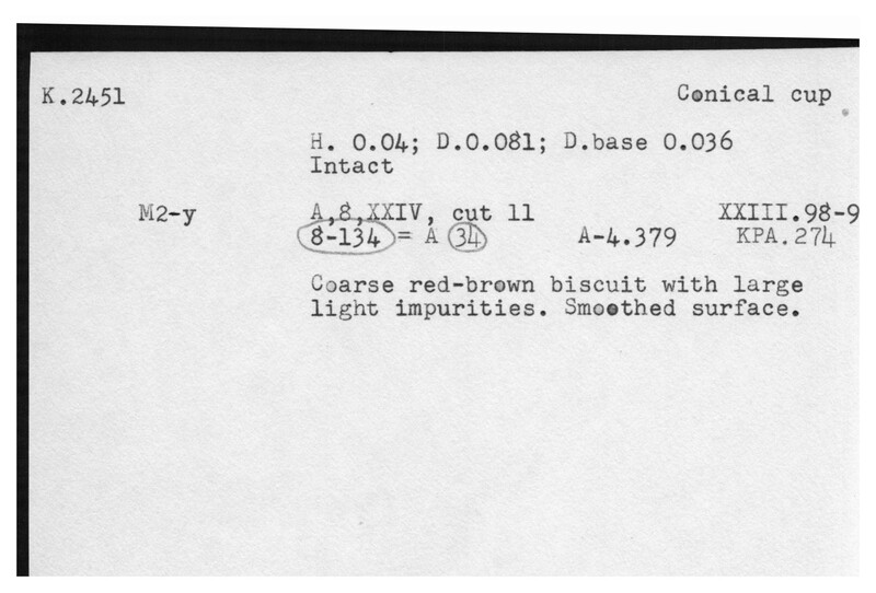 Index card with typed and handwritten information, sometimes including a sketch, of pottery from an excavation.