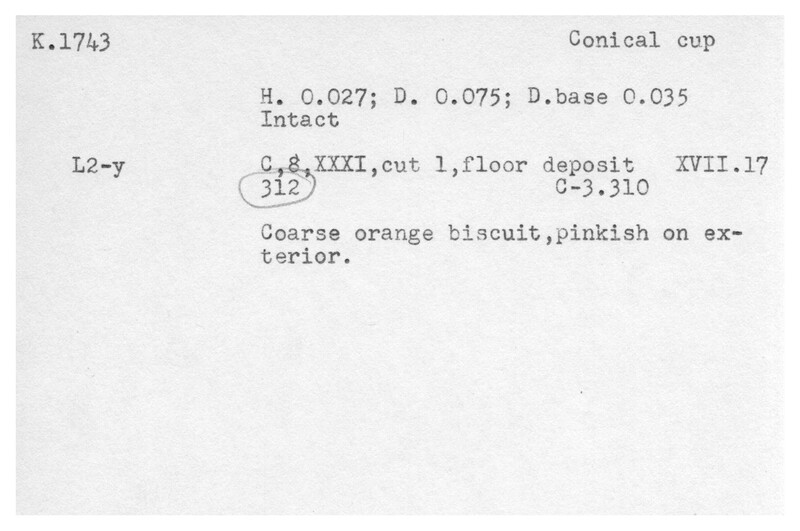 Index card with typed and handwritten information, sometimes including a sketch, of pottery from an excavation.