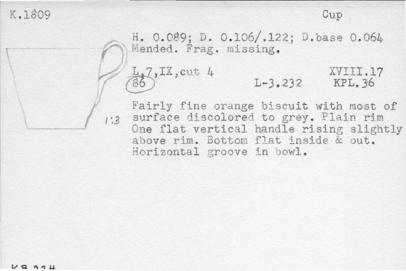 Index card with typed and handwritten information, sometimes including a sketch, of pottery from an excavation.