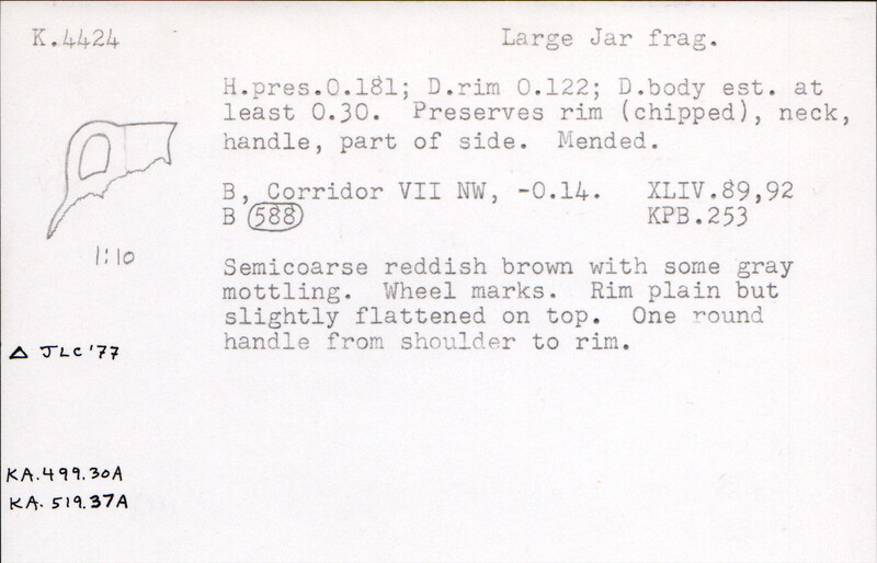 Index card with typed and handwritten information, sometimes including a sketch, of pottery from an excavation.