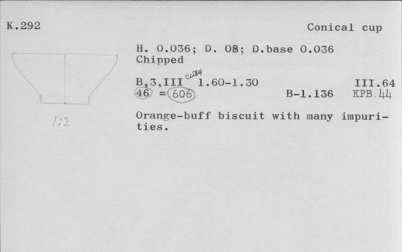Index card with typed and handwritten information, sometimes including a sketch, of pottery from an excavation.