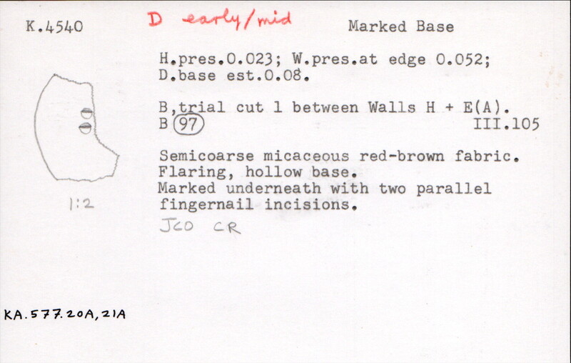 Index card with typed and handwritten information, sometimes including a sketch, of pottery from an excavation.