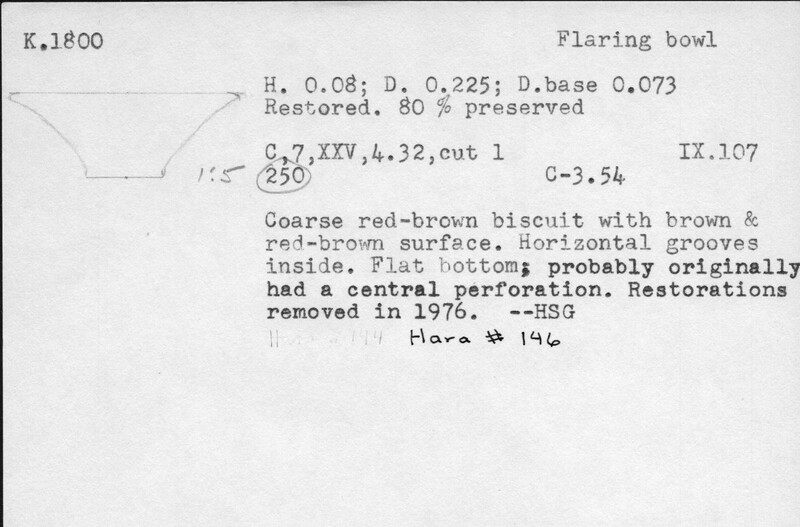 Index card with typed and handwritten information, sometimes including a sketch, of pottery from an excavation.