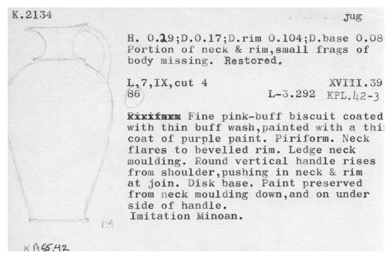 Index card with typed and handwritten information, sometimes including a sketch, of pottery from an excavation.