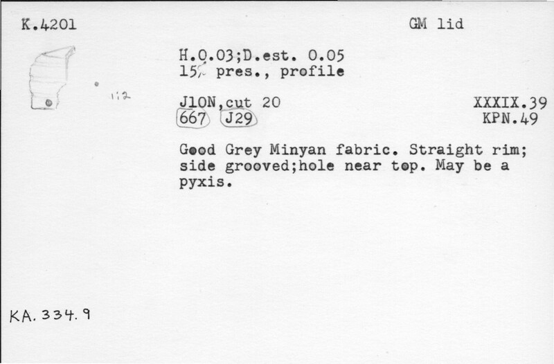 Index card with typed and handwritten information, sometimes including a sketch, of pottery from an excavation.