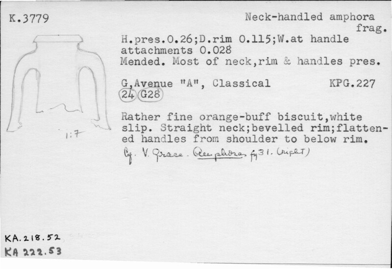 Index card with typed and handwritten information, sometimes including a sketch, of pottery from an excavation.