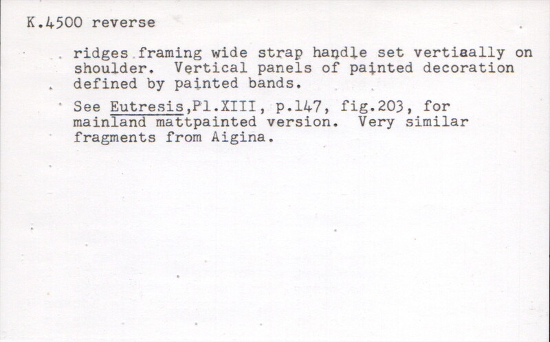 Index card with typed and handwritten information, sometimes including a sketch, of pottery from an excavation.