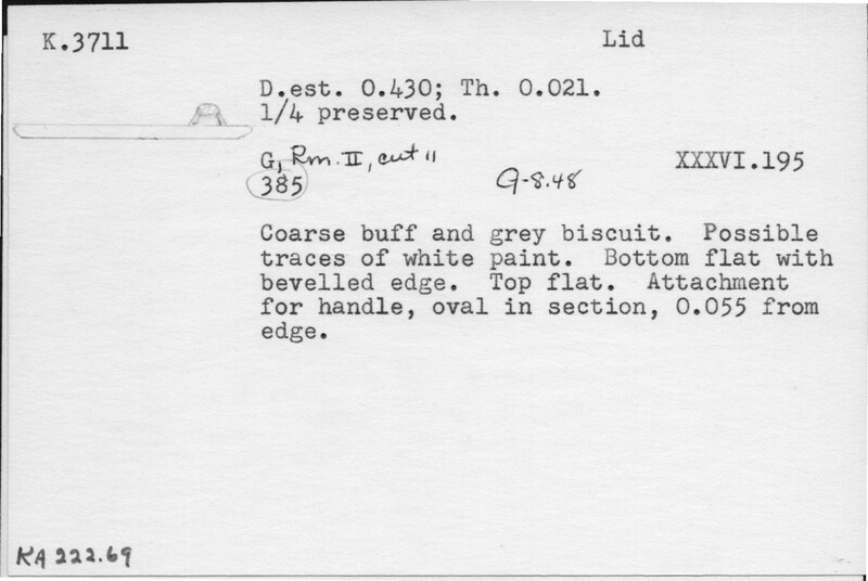 Index card with typed and handwritten information, sometimes including a sketch, of pottery from an excavation.