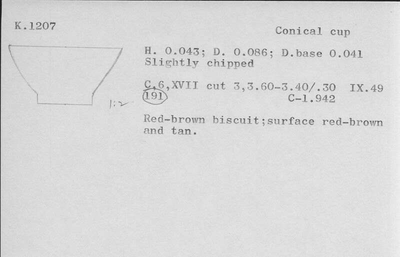 Index card with typed and handwritten information, sometimes including a sketch, of pottery from an excavation.