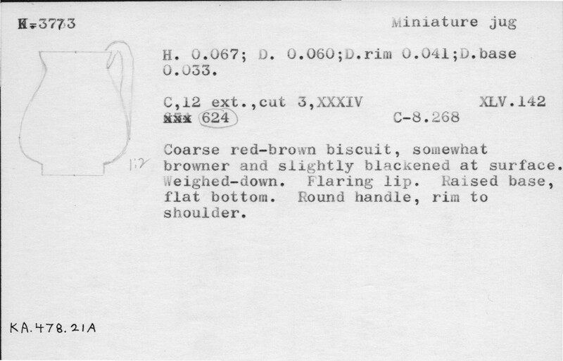 Index card with typed and handwritten information, sometimes including a sketch, of pottery from an excavation.
