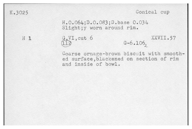 Index card with typed and handwritten information, sometimes including a sketch, of pottery from an excavation.
