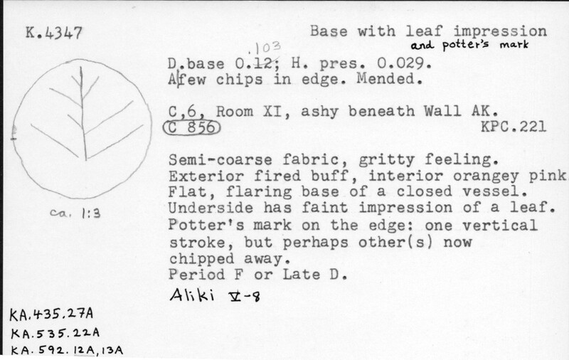 Index card with typed and handwritten information, sometimes including a sketch, of pottery from an excavation.