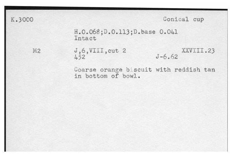 Index card with typed and handwritten information, sometimes including a sketch, of pottery from an excavation.