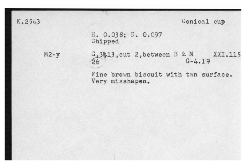 Index card with typed and handwritten information, sometimes including a sketch, of pottery from an excavation.