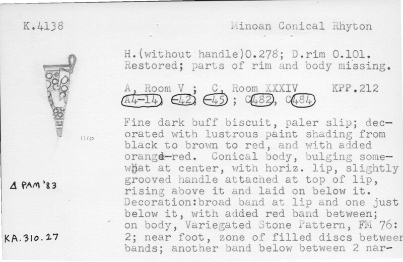 Index card with typed and handwritten information, sometimes including a sketch, of pottery from an excavation.