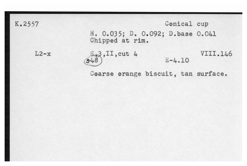 Index card with typed and handwritten information, sometimes including a sketch, of pottery from an excavation.