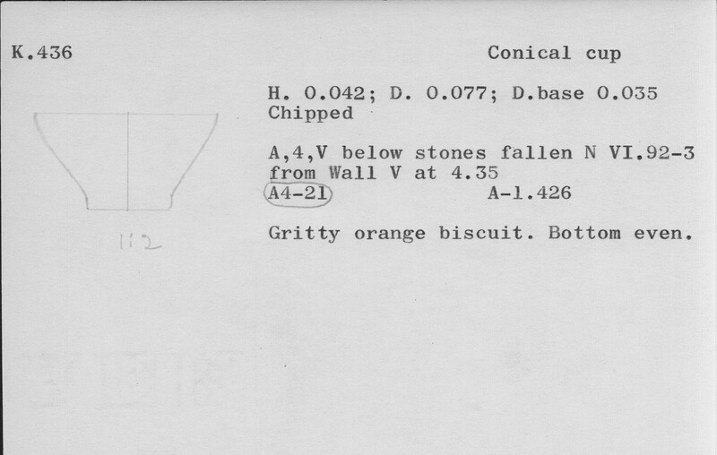 Index card with typed and handwritten information, sometimes including a sketch, of pottery from an excavation.