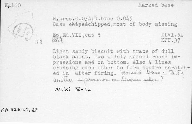 Index card with typed and handwritten information, sometimes including a sketch, of pottery from an excavation.