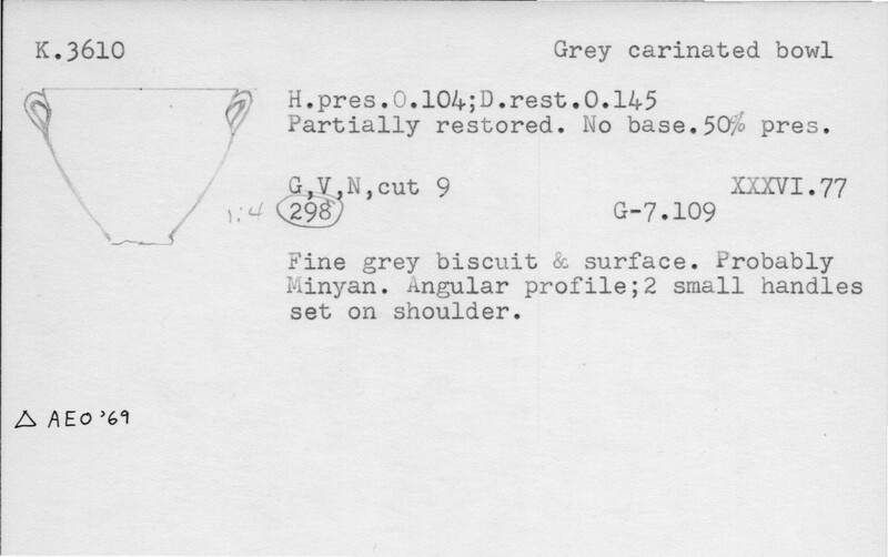 Index card with typed and handwritten information, sometimes including a sketch, of pottery from an excavation.