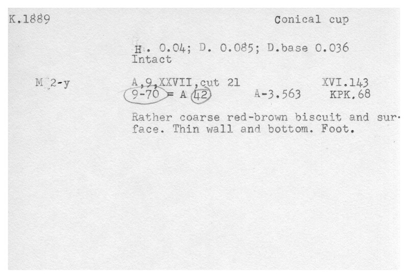 Index card with typed and handwritten information, sometimes including a sketch, of pottery from an excavation.