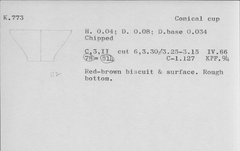 Index card with typed and handwritten information, sometimes including a sketch, of pottery from an excavation.
