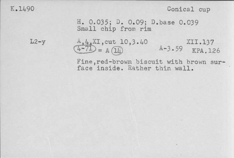 Index card with typed and handwritten information, sometimes including a sketch, of pottery from an excavation.